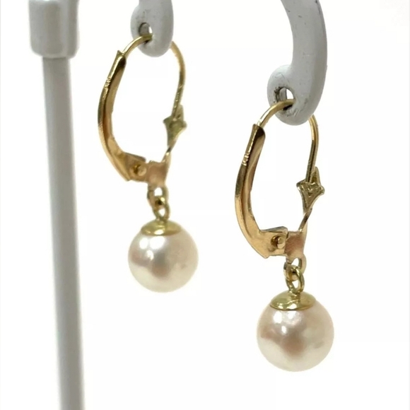 14K Solid Yellow Gold Genuine Pearl Leverback Dangle Drop Earrings,All Products : American Fashion Style Bags On Sale